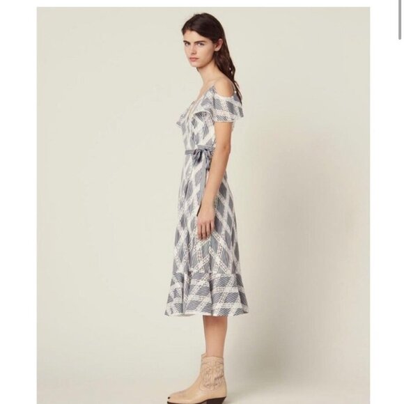 Sandro Dress Illa Cold Shoulder Midi Striped Lace Size EU 36 US 0/2 Wedding - Picture 5 of 12